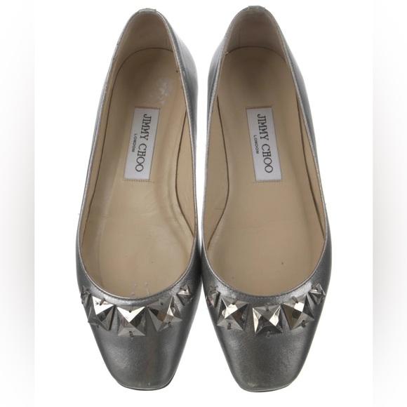 Jimmy Choo Watson Silver Metallic Calf Leather Studded Accents Ballet Flats 37 - Picture 3 of 12